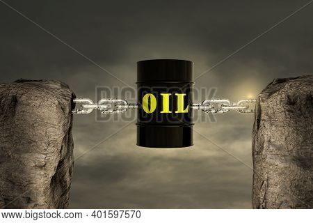 Two Mountains Connected With A Chain By Black Metal Oil Barrel In Sunset Day. Earned From Sales Afte