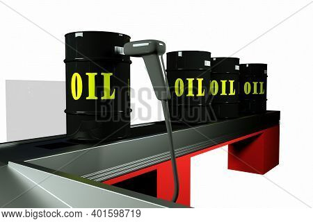 Cash Register With Black Metal Oil Barrels On Supermarket Belt Counter In White Background. Crude Oi