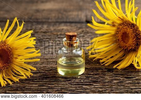 Essential Oil Bottle With Fresh Elecampane, Or Inula Helenium Flowers