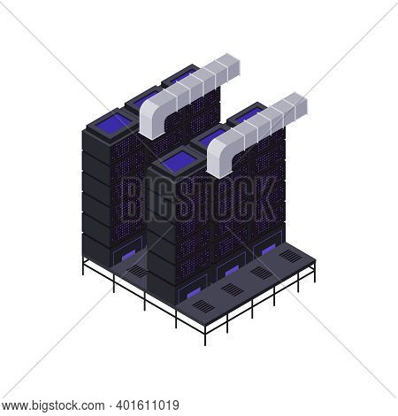 Data Center Isometric Composition With Modern Chimney Tubes For Heat Removal Vector Illustration