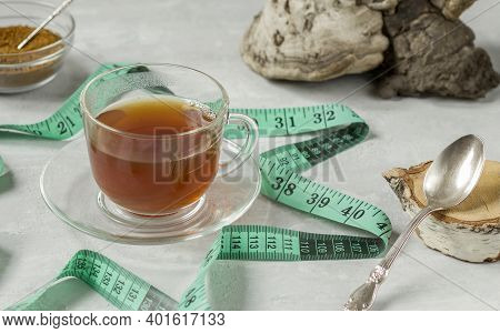 Chaga Birch Mushroom Is A Trendy Superfood For Diet And Immunity. Natural Tea, Coffee And Pieces Of 