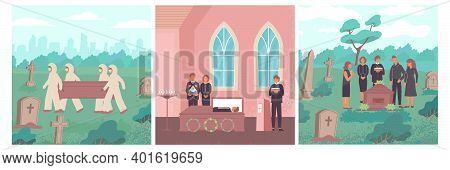 Funeral Flat Set Of Three Square Compositions With Landscapes And People During Covid-19 Burial Rite