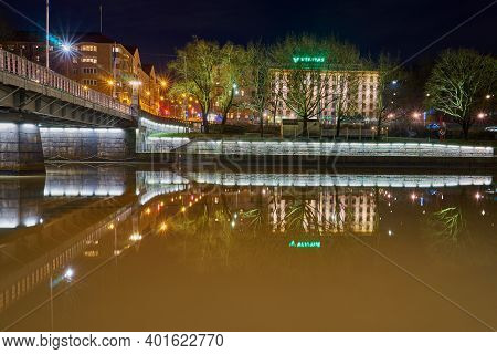 Turku, Finland - January 01, 2021: Night River Aura Aurajoki In Turku, Finland.