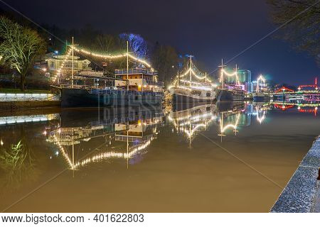 Turku, Finland - January 01, 2021: Night River Aura Aurajoki In Turku, Finland.