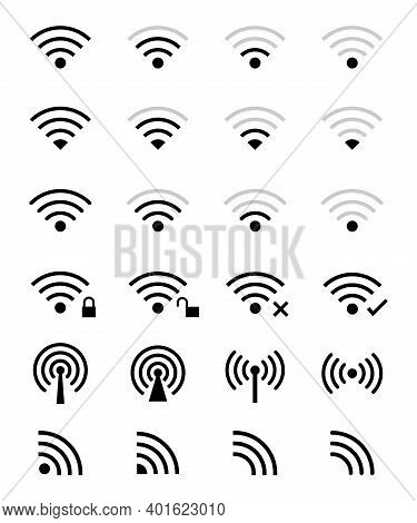 Wireless And Wave Icons Set. Technology Phone Network. Computer Communication With Wifi. Vector Symb