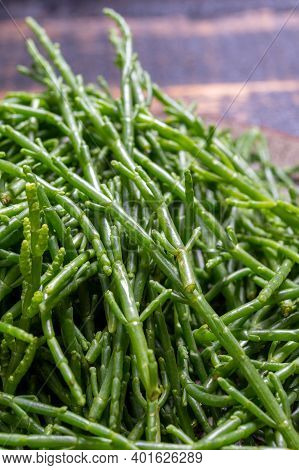 Tasty Vegetarian Sea Food, Fresh Raw Green Salicornia Or Glasswort, Pickleweed Close Up