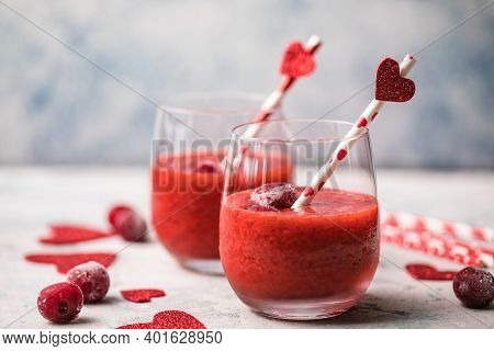 Fresh Red Cherry  Margarita  Or Daiquiri Cocktail With Hearts Over Gray Background, Valentine Day Co