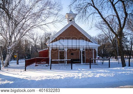 Scandia, Minnesota - January 2, 2021: Exterior Of The Hay Lake School, An Historic Schoolhouse In Wa