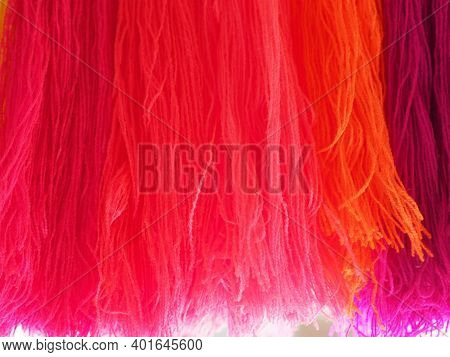Yarn, Garn Several Colors Arranged Abstract Gradient For Background, Colorful Pink Orange Red Blue P