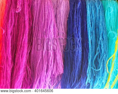 Yarn, Several Colors Arranged Abstract Gradient For Background, Garn Colorful Pink Orange Red Purple