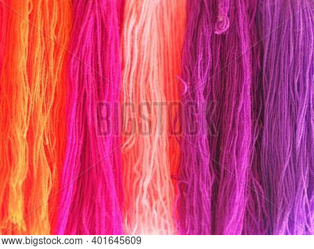 Yarn, Several Colors Arranged Abstract Gradient For Background, Garn Colorful Pink Orange Red Purple