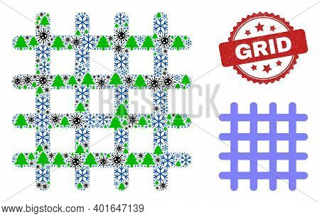 Winter Covid-2019 Mosaic Grid, And Scratched Grid Red Rosette Watermark. Mosaic Grid Is Formed With 
