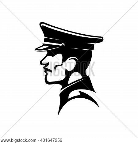 German Soldier In Peaked Cap Isolated Man. Vector Soldat In Hat Profile View
