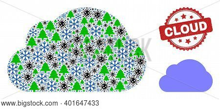 Winter Viral Mosaic Cloud, And Grunge Cloud Red Rosette Stamp Print. Mosaic Cloud Is Made With Viral