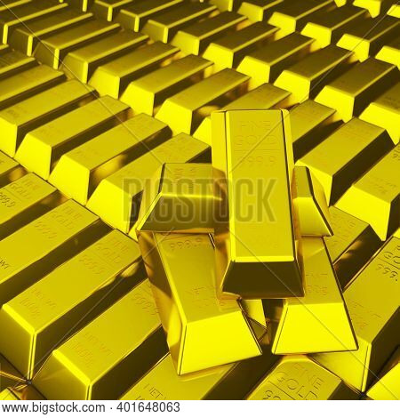 Pile Of Fine Gold Bar 999.9 G Place On Stack Of Golden Bar As Background 3d Render And Copy Space. F