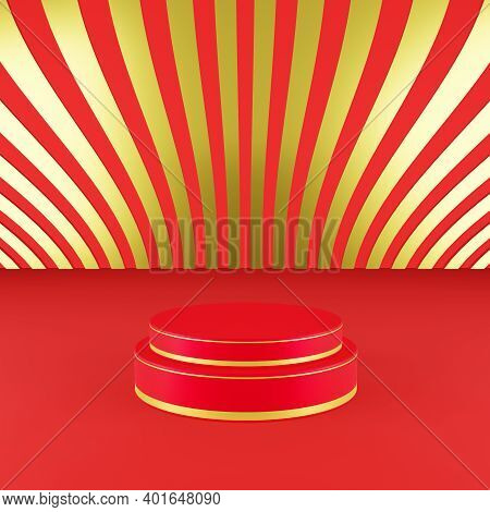 Red Podium With Golden Girdle Or Stage Background For Show Product With Red And Gold Background And 