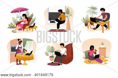 Work From Home. Cartoon Young Men And Women Sit With Laptops. Freelance Or Leisure Pastime And Hobby
