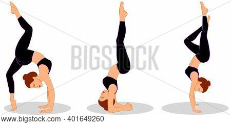 Vector Set Of Sexy Young Woman Doing Head Stand Yoga Poses And Fitness Exercises. Collection Of Fema