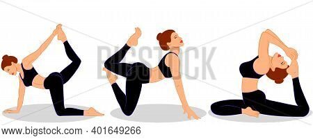 Vector Set Of Sexy Young Woman Doing Stretching Yoga Poses And Fitness Exercises On Floor. Collectio