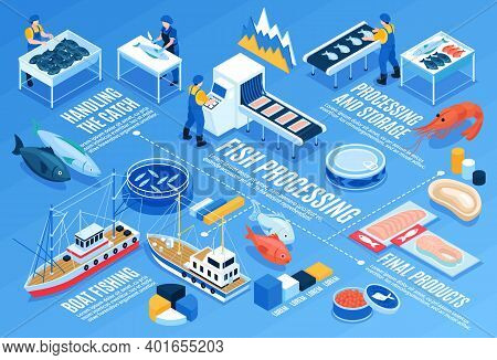 Fish Processing Horizontal Infographics Template With Boat Fishing Handling Catch Storage And Final 