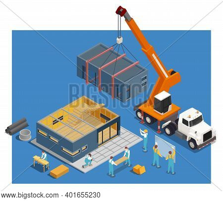 Modular Frame Building Isometric Composition With Image Of House Under Construction And Truck With C