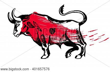 Chinese New Year 2021 Background. Abstract Ox, Bull, Cow. Lunar Horoscope Sign. Hand Drawn In Black 