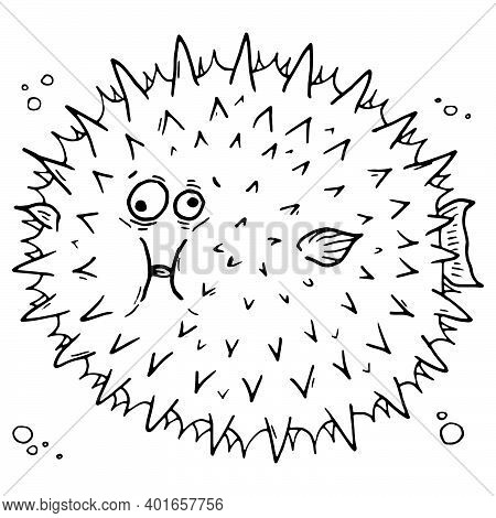 Cartoon Fish. Vector Funny Fish Hedgehog. Hand Drawn