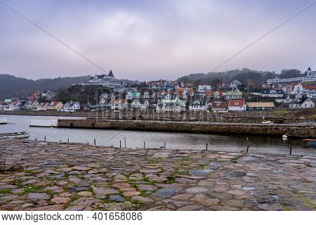An Empty Marina In The Winter. Mountains In Fog In The Background. Picture From Molle, Scania County