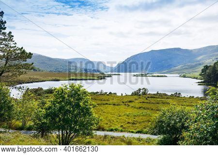 Glenveagh National Park, Donegal In Northern Ireland. Beautiful Rough Landscape With Green Moss Fore