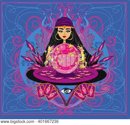 Beautiful Woman Foretells The Future From A Glass Ball And Cards , Vector Illustration