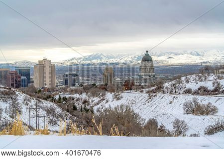 Scenic Salt Lake City Landscape With Utah State Capitol Building On A Winter Day