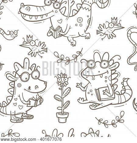 Seamless Pattern With  Cute Smart Dragons On White Background. Funny Crocodiles Wallpaper. Reading R