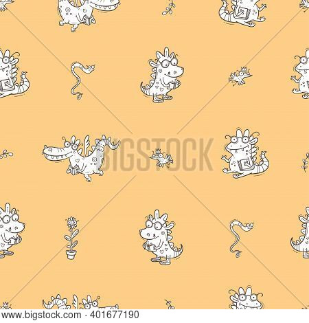 Seamless Pattern With  Cute Smart Dragons On Green Background. Funny Crocodiles Wallpaper. Reading R