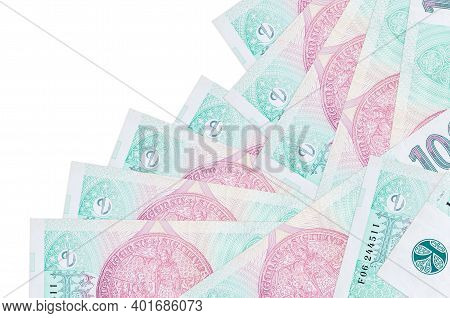 100 Czech Korun Bills Lies In Different Order Isolated On White. Local Banking Or Money Making Conce