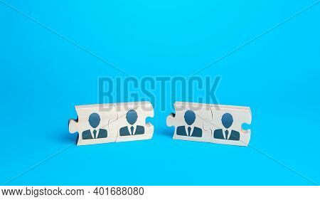 Two Groups Of Puzzles With People On A Blue Background. Create Effective Team For A New Project. Res
