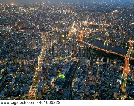 Tokyo, Japan - April 3, 2018: View From The Skytree Tv Tower To The City Of Tokyo. Dense Urban Devel