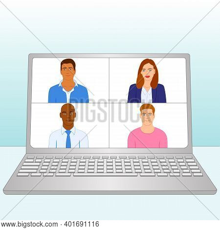 Stay At Work From Home During Coronavirus Covid-19 Pandemic. Video Conference Illustration. Workplac