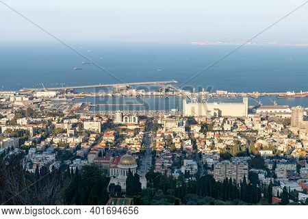 Haifa, Israel, December 25, 2020 : View From The Upper Terrace Of The Bahai Garden To A Part Of The 