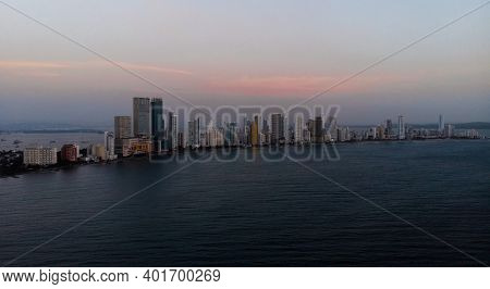 Aerial Panorama Of Cartagena De Indias Bocagrande Skyscraper At Sunset Bolivar Colombia South Americ