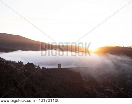 Aerial Sunrise Panorama Of Dam Above Cascada De Ezaro Waterfall Xallas Jallas River In Dumbria La Co