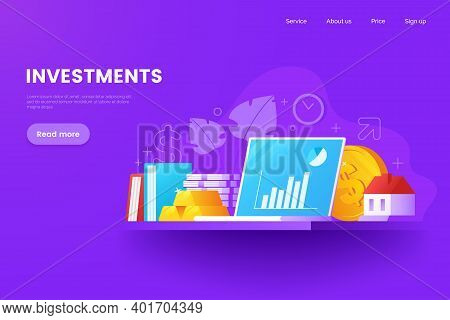 Investments Vector Illustration. Assets And Savings. Precious Metals, Stocks, Real Estate, Intellect