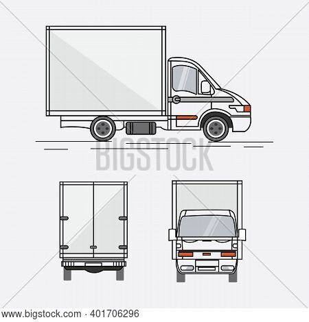 Vector Small Truck Front View Back View And Side View. Cargo Delivery. Solid And Flat Color Design. 