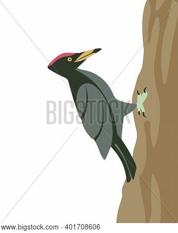 Woodpecker On A Tree Trunk. Vector Illustration