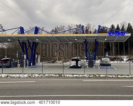 Rutesheim, Germany - December 27, 2020: The Newly Opened Electric Vehicle Charging Station Operated 