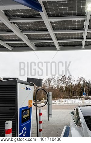 Rutesheim, Germany - December 27, 2020: Tesla Charging At The Newly Opened Electric Vehicle Charging
