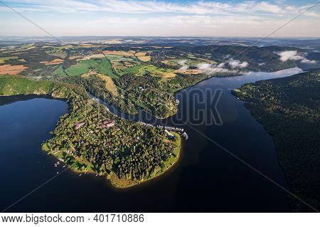 Slapy Dam On The Vltava River Near Prague. Aerial Shot.