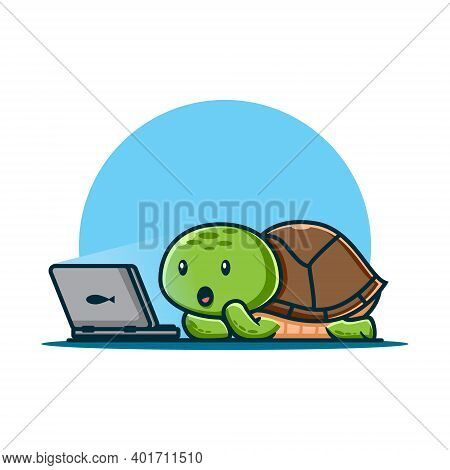 Vector Illustration.a Cute Turtle Watching A Movie On The Computer. Cartoon Types And Animal Charact