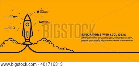 Infographics Template Of A Rocket Or Spaceship Launching Through The Clouds Followed By A 4-step Ico