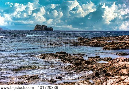 A Landscape View Across The Sea From Imeri Gramvousa To Cape Gramvousa, Kissamos, Crete, Greece Agai