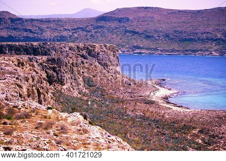 Rocky Terrain Landscape View Off The Island Of Imeri Gramvousa, Crete, Greece On Mediterranean Sea D